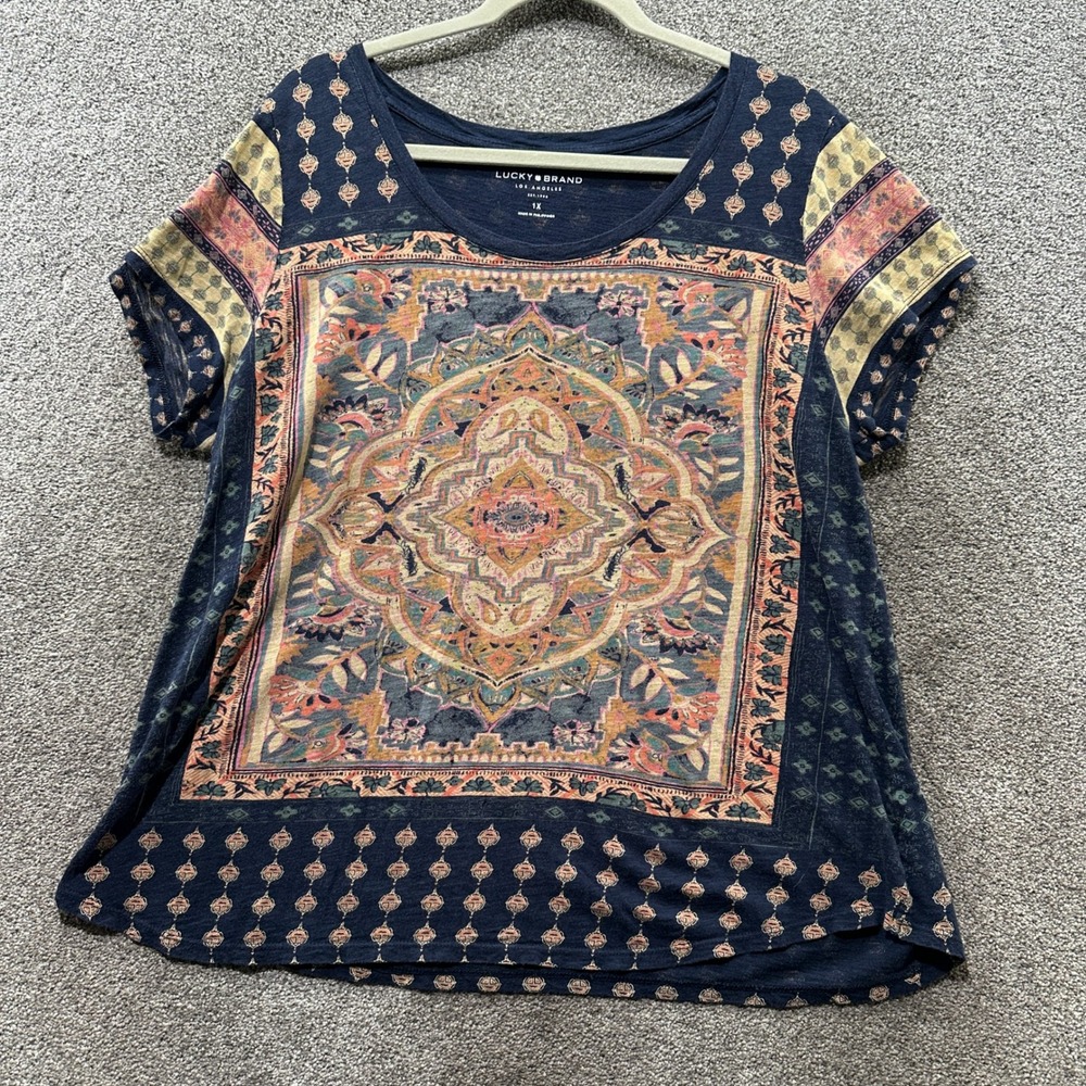 Lucky Brand Womens 1X Navy Blue Mandala Medallion Boho Top Festival Peasant Art